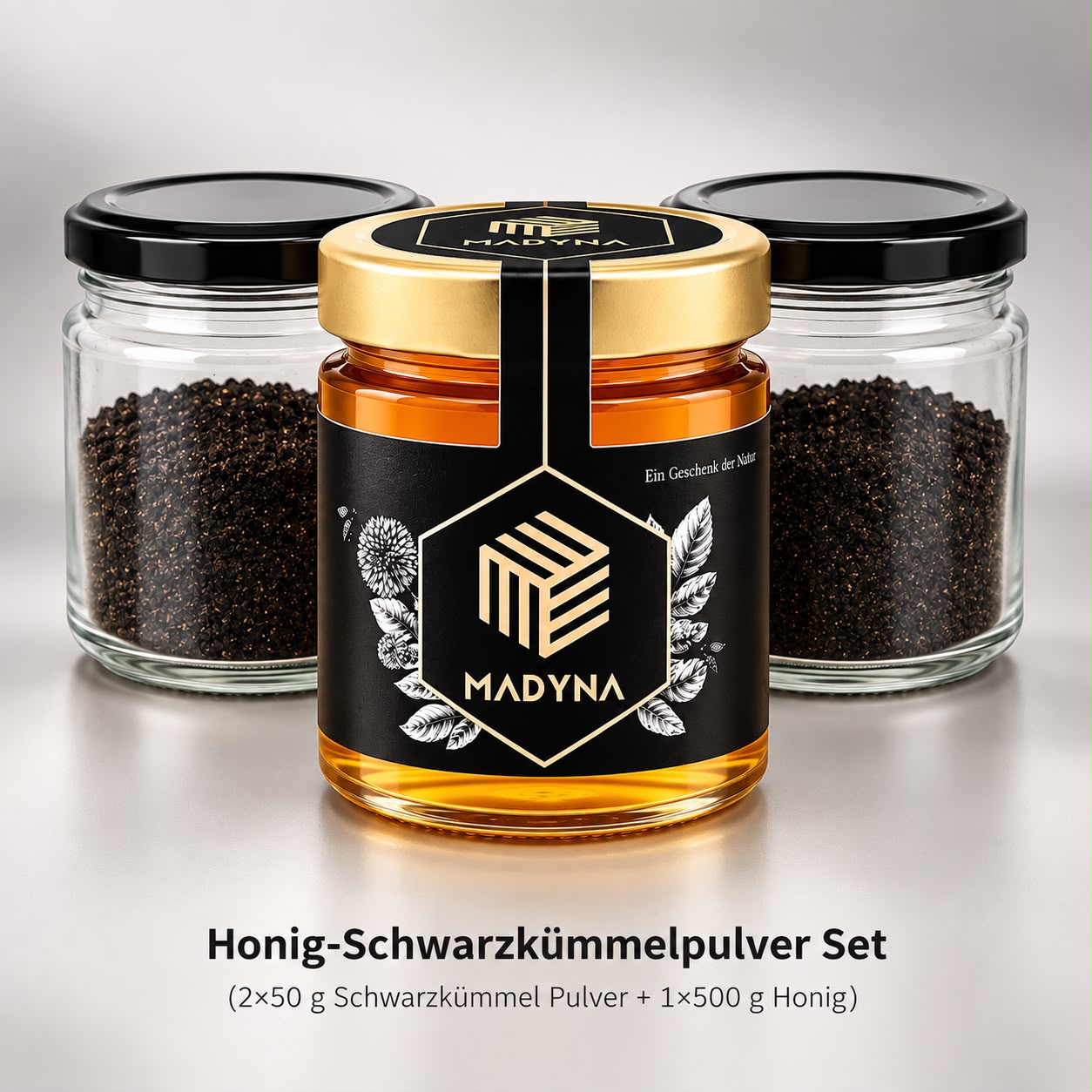 Honig-Schwarzkümmelpulver Set – (2×50 g Schwarzkümmel Pulver+1x 500 g Honig)